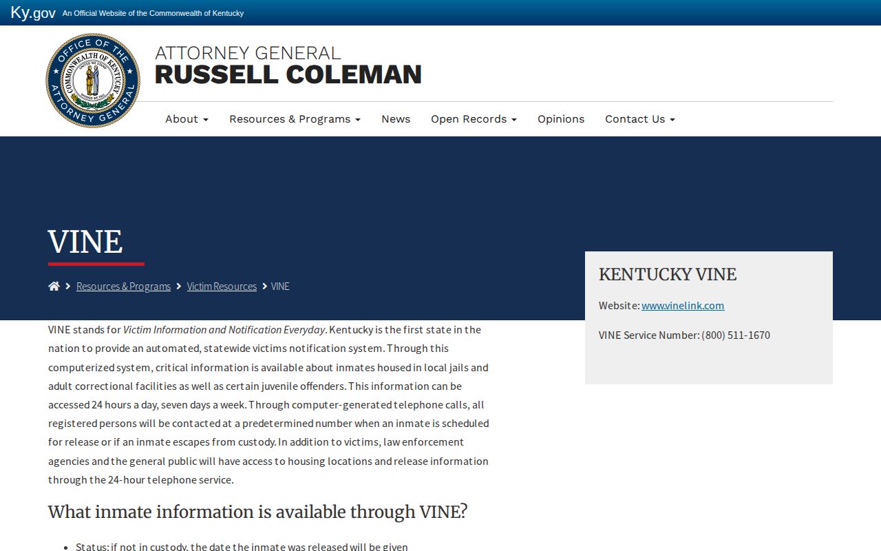 Kentucky VINE release notification guidance for Spencer County inmate alerts